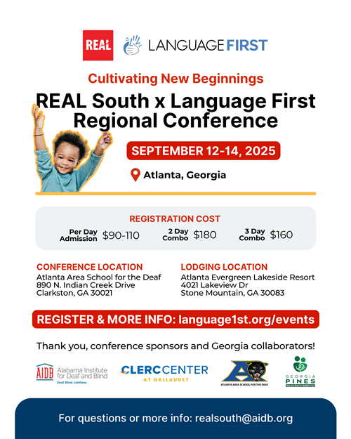 REAL South x Language First REgional Conference 2025 flyer with partners information and registration information